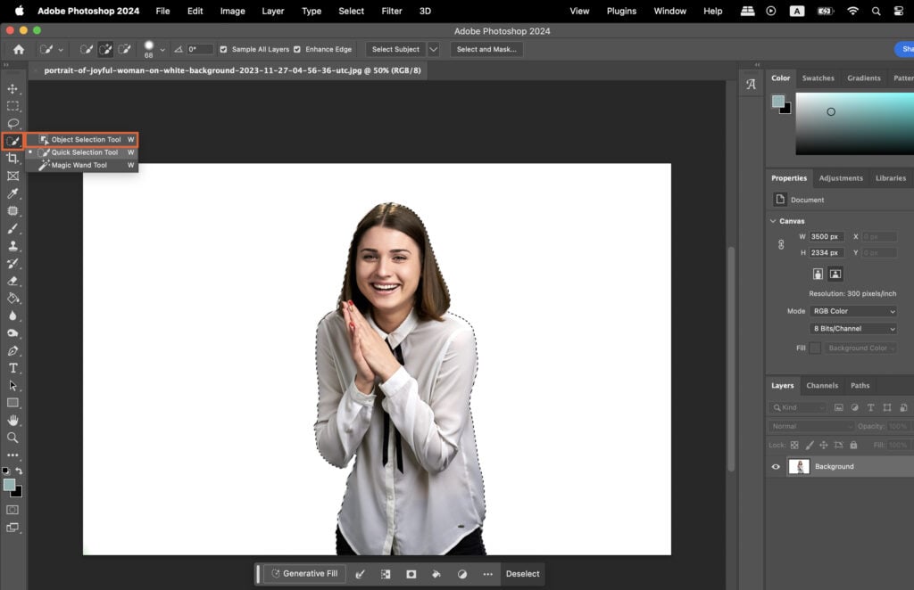 An image editing process, with a womans face being edited in Adobe Photoshop software.