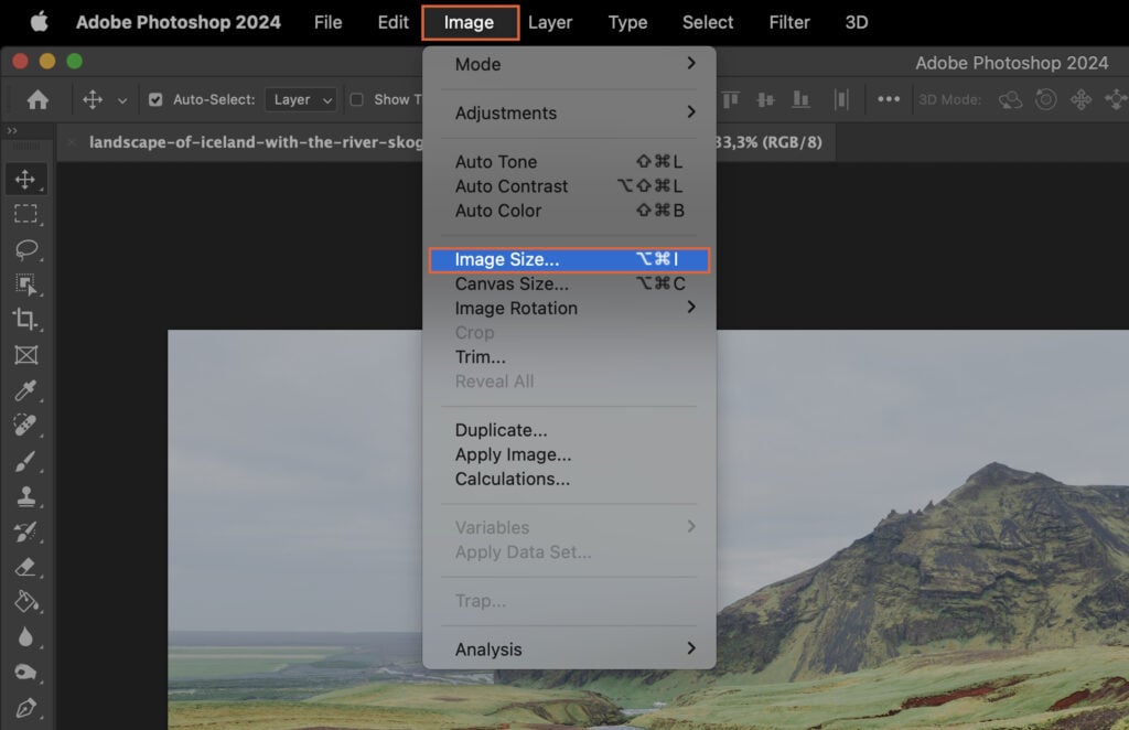 Adobe Photoshop open, displaying the interface with an open image, and the user has selected a tool to use in editing the photo.