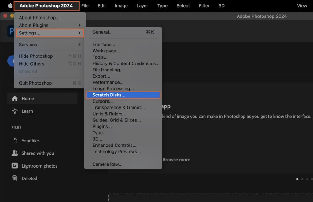 A computer interface with a focus on a Photoshop menu, highlighted by a drop-down arrow pointing to the word Workflow.