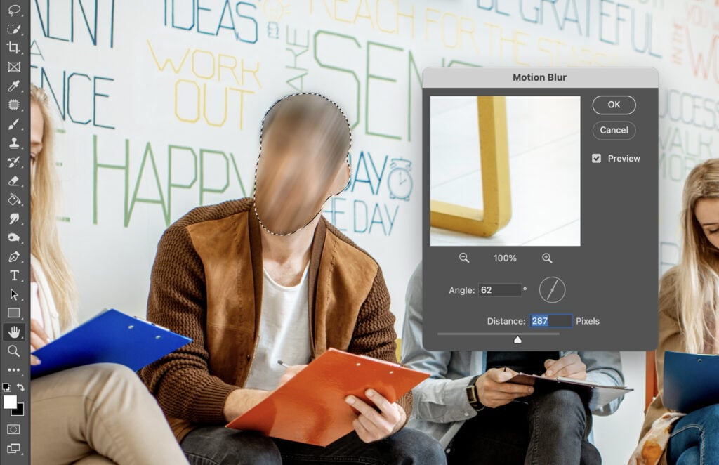 A collage of people working, with a focus on an individuals computer screen displaying image editing software.