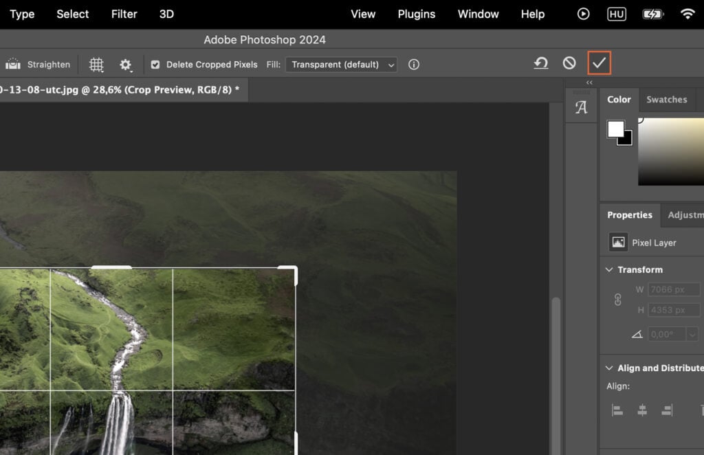 A photo editing software, showing an edited photo with a landscape, and various tools and settings on the right side.