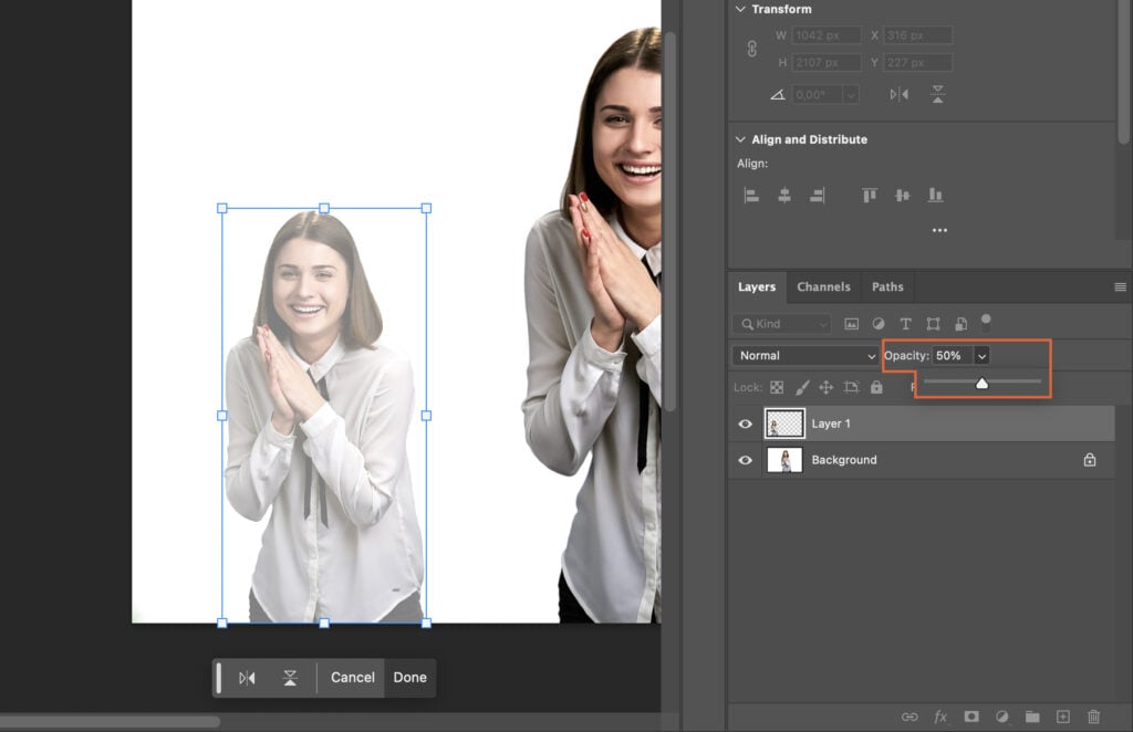 Adobe Photoshop program being used to manipulate a photograph, with a woman in the foreground adjusting her hair and a tutorial video open in the background.