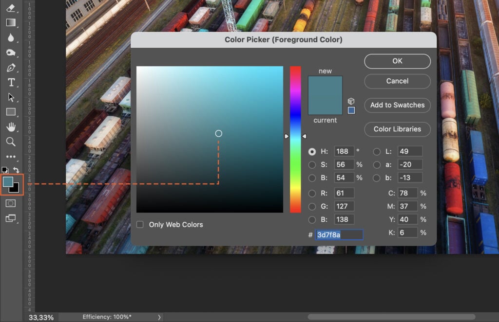 A graphic design software interface, with the color picker open and a railroad-themed background. 