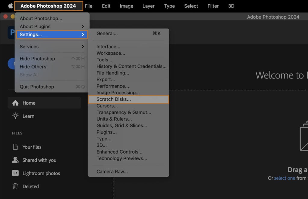 The Adobe Photoshop interface with the software selected, highlighting options for editing photos.
