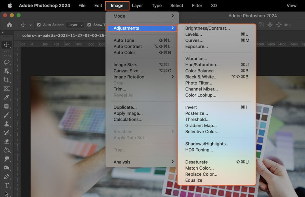 Adobe Photoshop application open, displaying a palette of colors in its interface and a screenshot of a color picker tool.