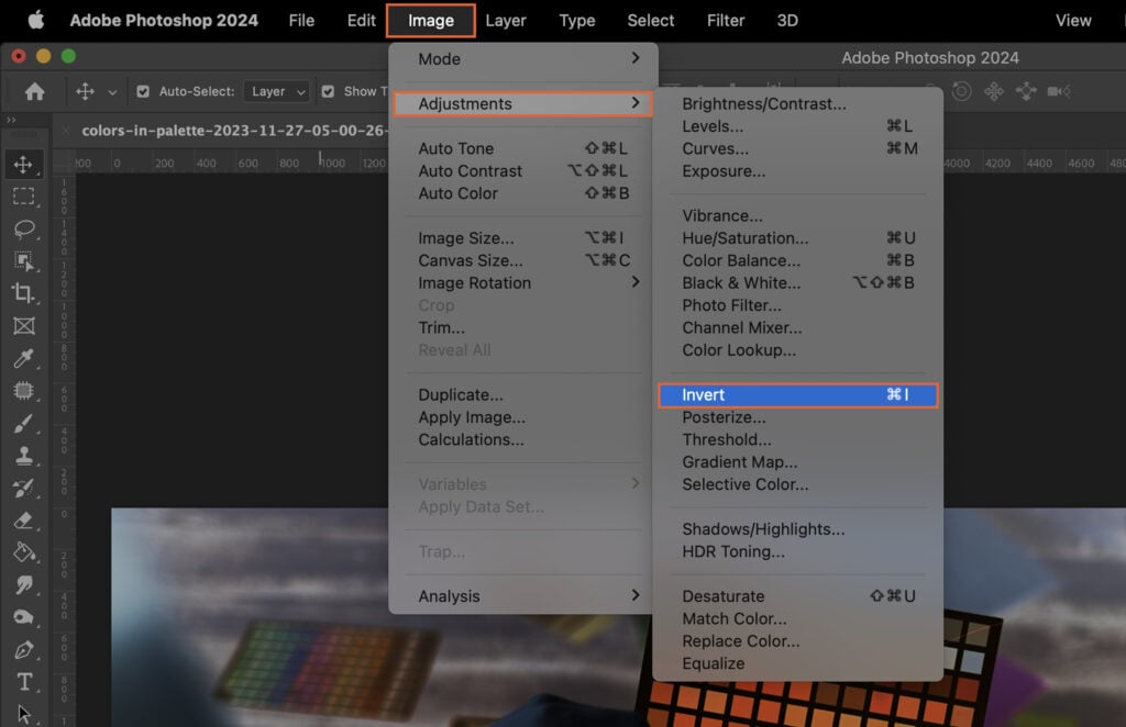 Adobe Photoshop program, showing the user interface, specifically the Select Color tool with different color options and some selected colors.