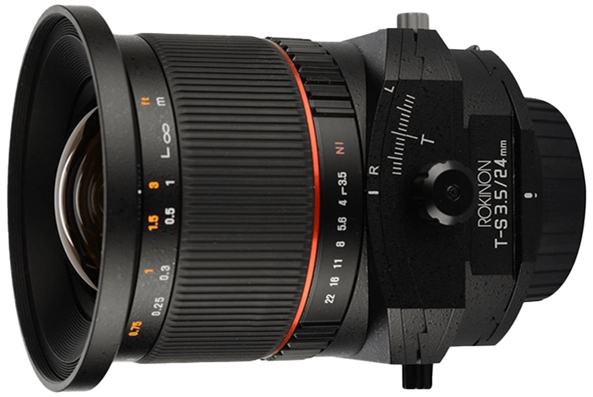 A product photo of a Rokinon tilt-shift lens