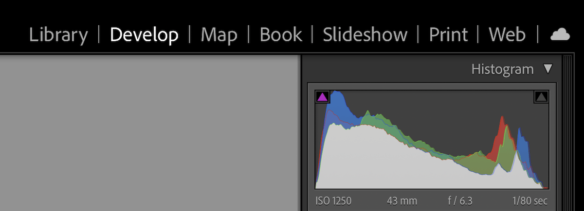 screenshot of lightroom classic top right toolbar for advanced lightroom tools