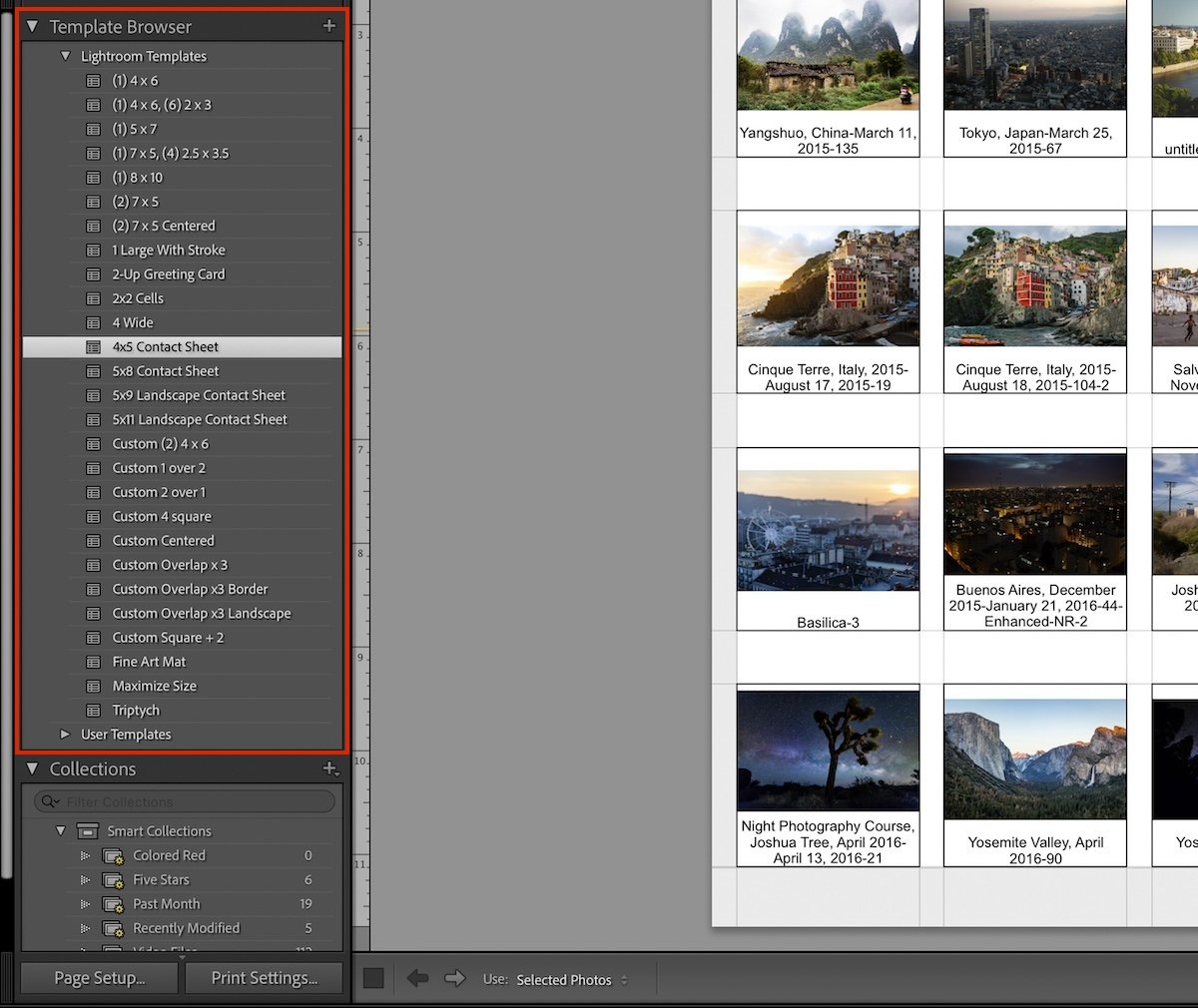 screenshot of lightroom contact sheet print templates in adobe lightroom classic with a red box around the options