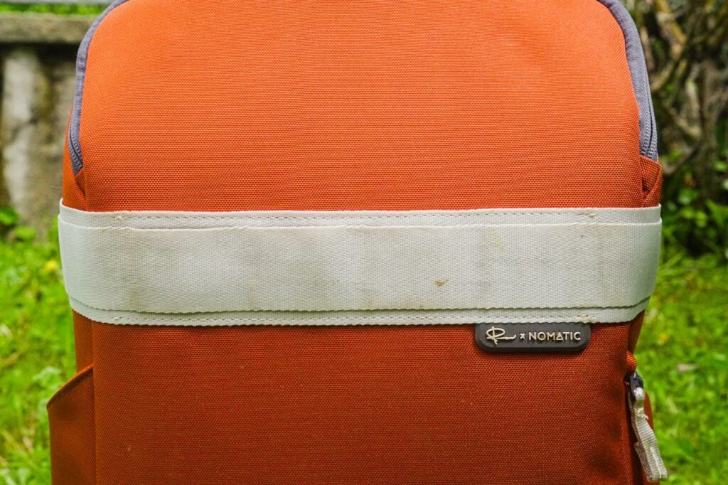 Close up of Nomatic Luma Camera Pack, showing dirt on the light material