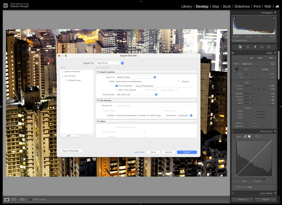 screenshot of lightroom with the export box