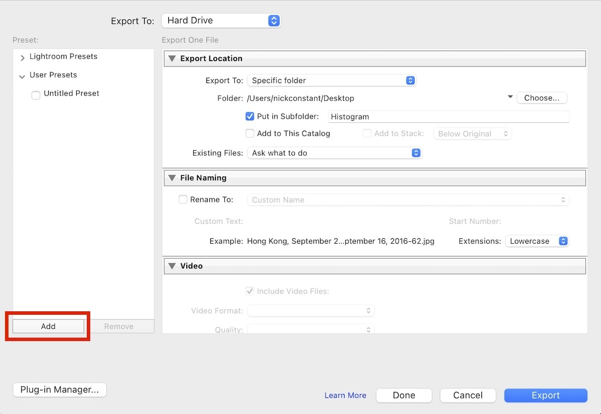 screenshot of lightroom export box