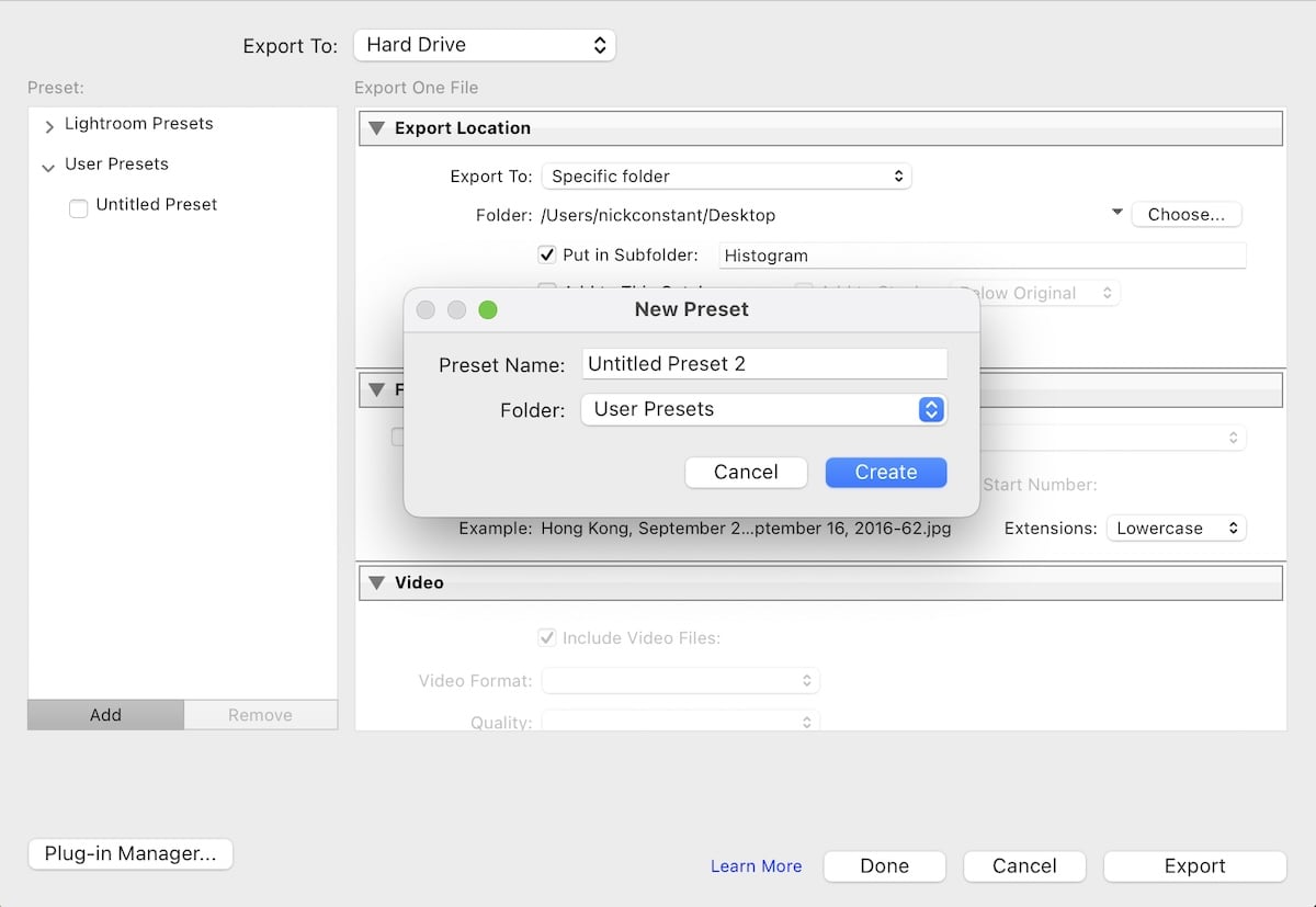 screenshot of lightroom export box