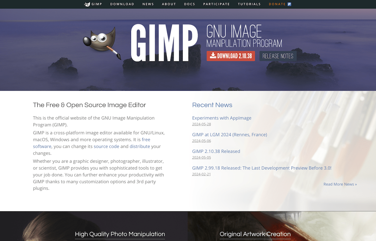 screenshot of gimp website