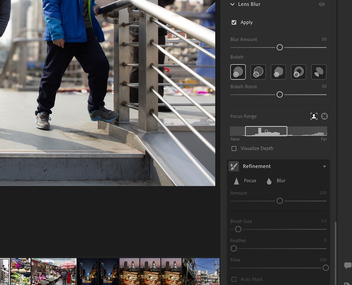 screenshot of lightroom interface lens blur section