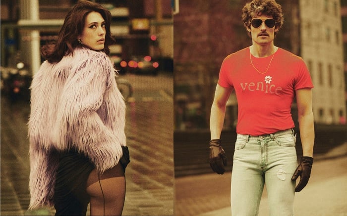 Two pics, one of a woman in a pic fur coat and one of a man in red tshirt