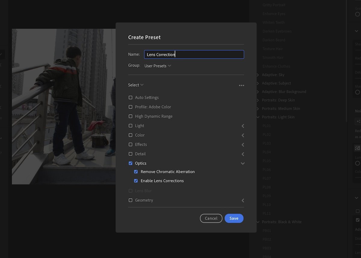 screenshot of lens correction preset in lightroom