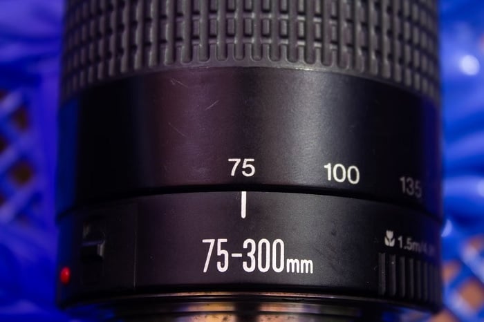 Close up of focal length label on telephoto lens