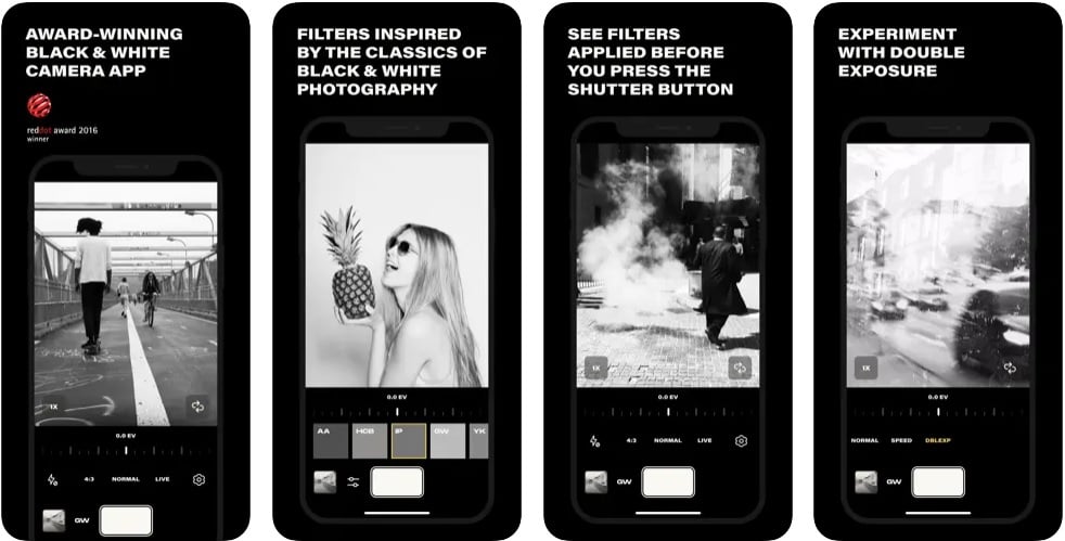 Screenshots of Argentum black and white photography app