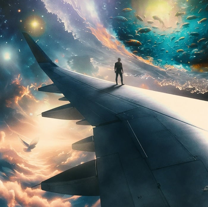 3D image of man standing on plane wing with sea creates above