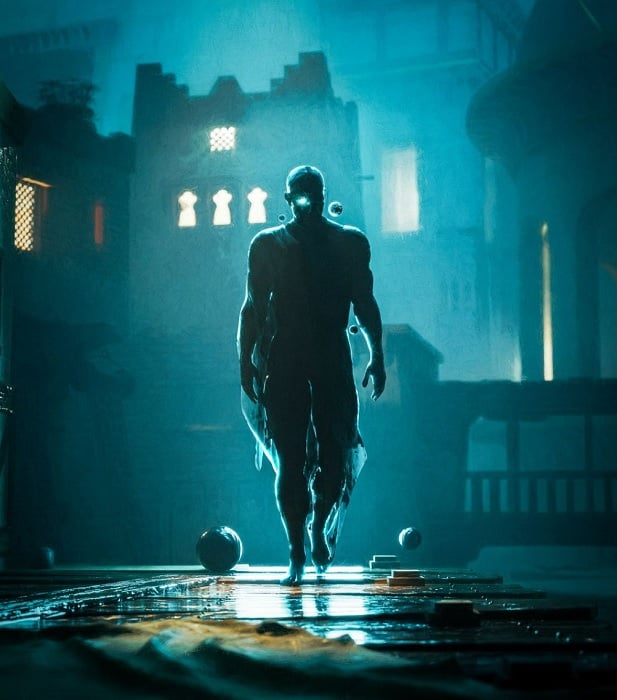 Cyborg walking through a blue cityscape