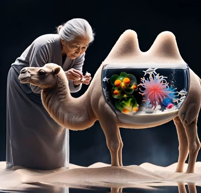 3D image of old woman leaning over, looking at a mechanical camel