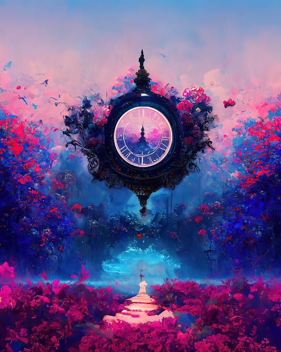3D image of clock floating over pink landscape