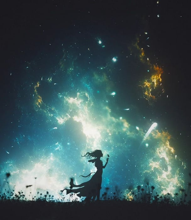 3D image of girl under starry sky