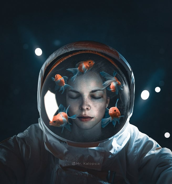 Astronaut with fish in her helmet