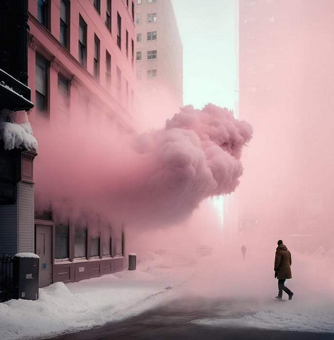 Man walking in city street with pink cloud overhead