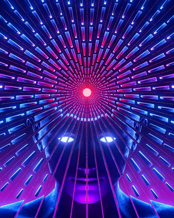 3D image of basic human head with shapes emanating from a central sun