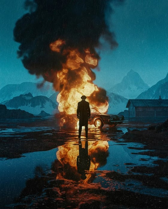 3D image of man standing in front of burning car