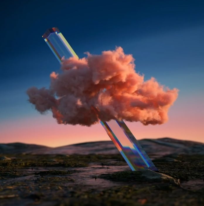 3D image of diagonal glass rod penetrating a pink cloud