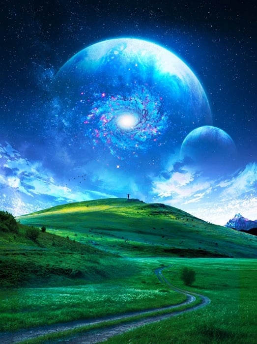 Landscape with massive planet overhead with galaxy inside
