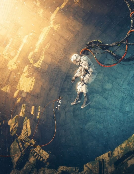 Big spaceman and little spaceman reaching out to each other