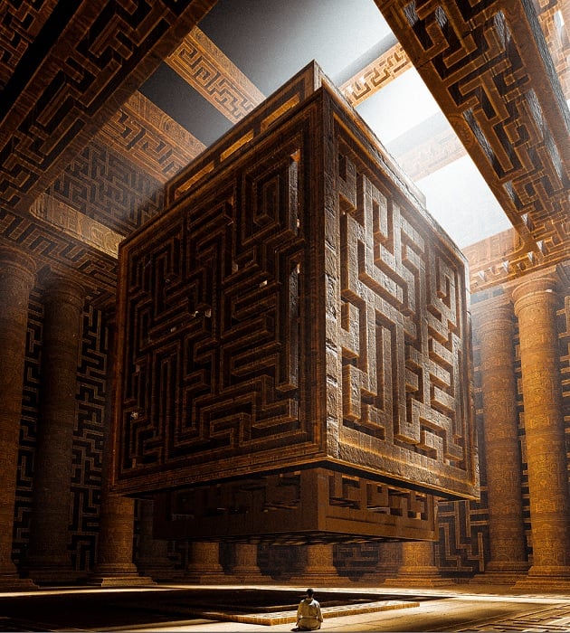 3D image of man sitting in weird futuristic temple