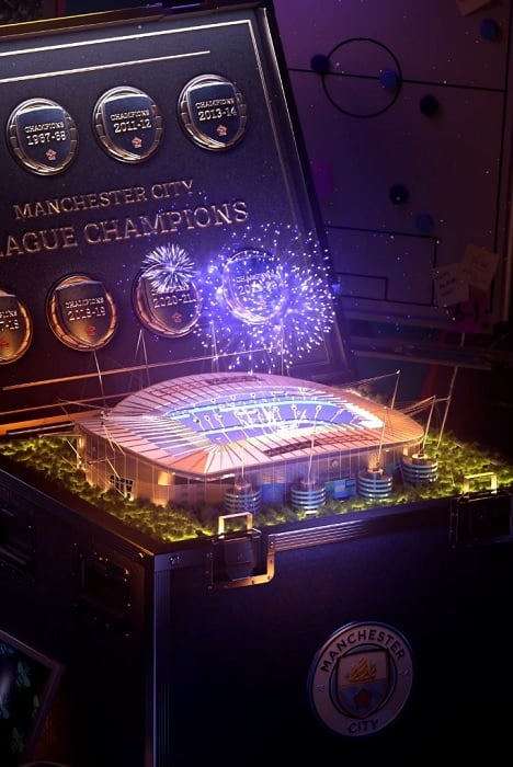3D image of miniature Manchester City stadium in a suitcase