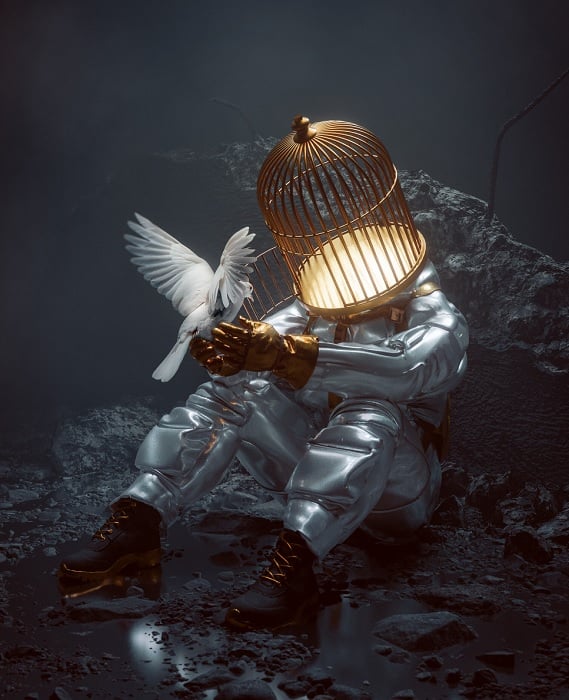 3D image of man with a bird cage for a head