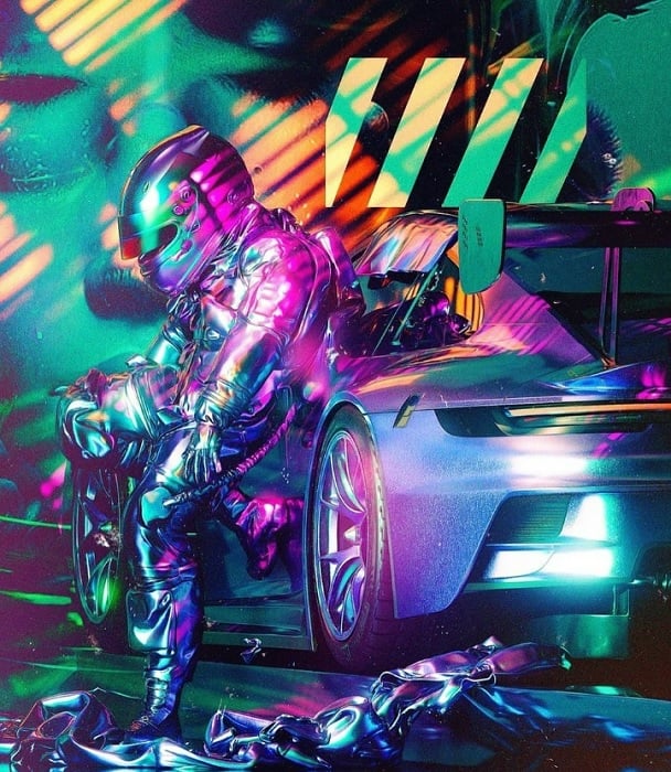 3D image of driver in helmet leaning against a car