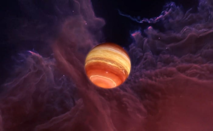 3D image of a planet surrounded by cosmic clouds