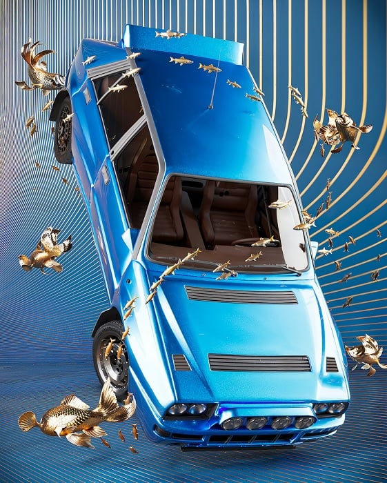3D image of blue car floating in air with golden fish