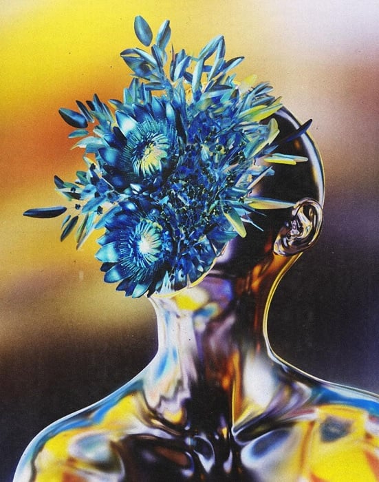 3D image of metal man with flowers instead of a face