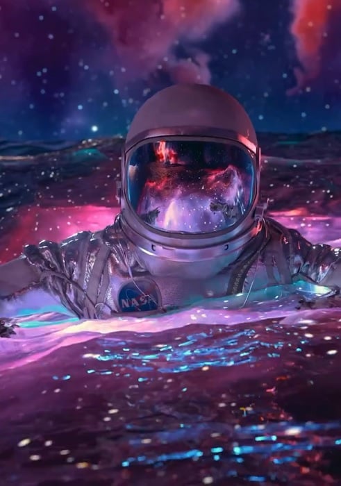 Astronaut floating in metallic liquid