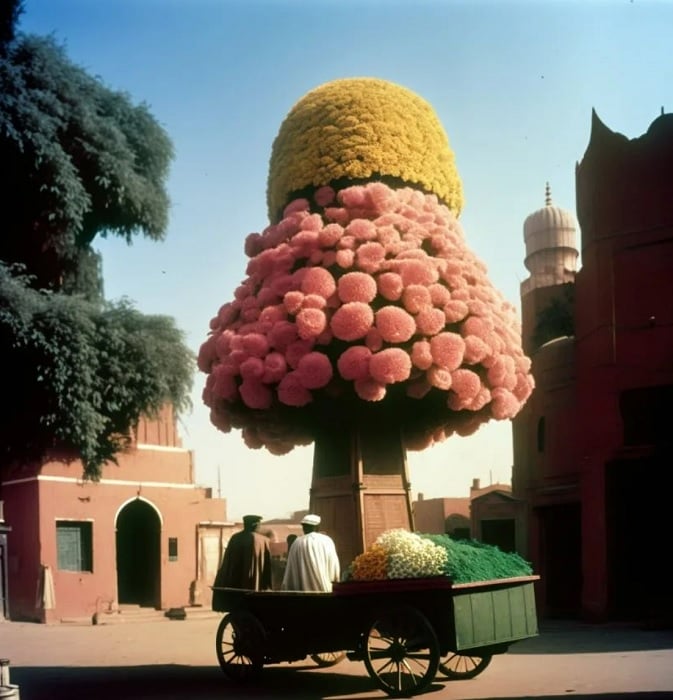 3D digital image of men in a cart passing by a pink and yellow street