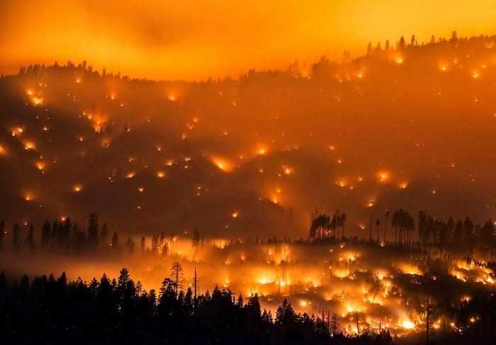 California hills at night aflame