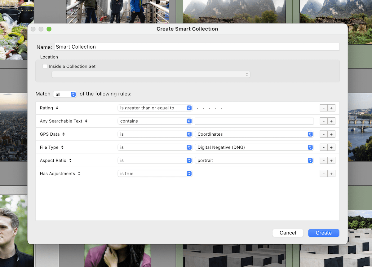 screenshot of lightroom classic smart collection being made