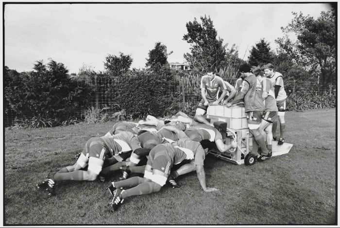 All Blacks rugby team in scrum training