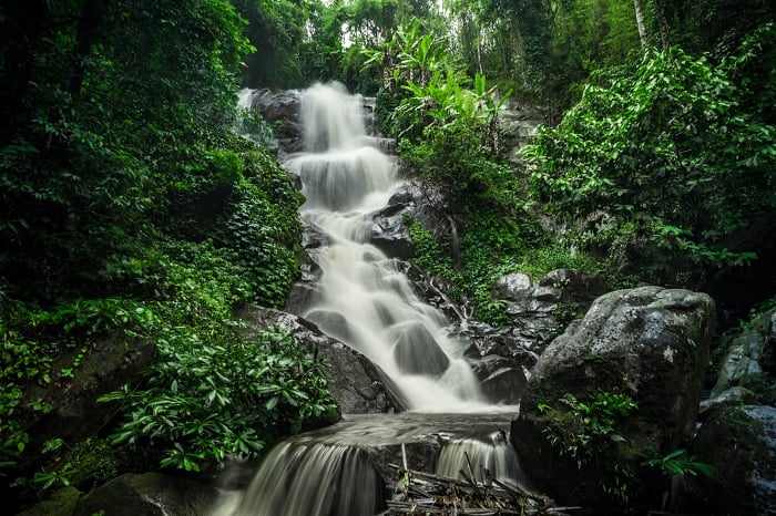 Long-exposure of waterfall in a jungle