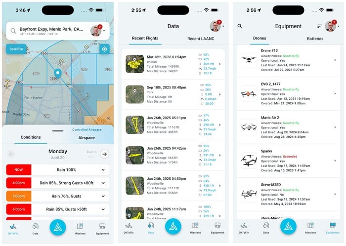 Screenshots of the Airdata UAV app showing flight conditions, a recent flight log list and drone battery health