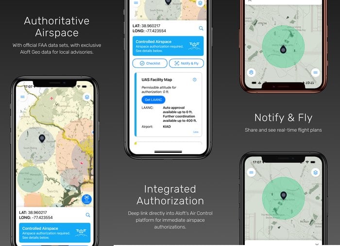Screenshots of the Aloft Air Aware app showing the airspace map, controlled airspace details and real-time flight plans